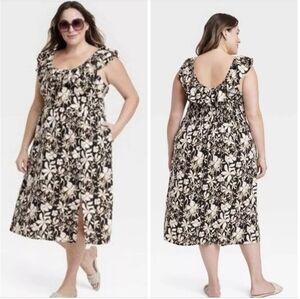 Womens Midi Dress Size Plus 2X Linen Blend  Floral cottagecore